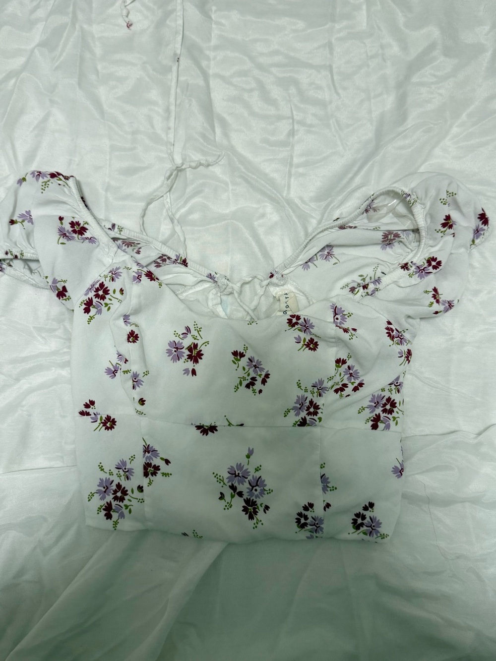 Aeropostale White Floral Off-Shoulder Crop Top with Purple & Burgundy Flowers